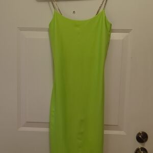 Sz.L Lime Green Party Rave Dress Kimcine Curve Rhinestone Spaghetti Straps Neon